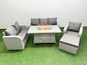 Fimous Patio PE Wicker 7 Seater Outdoor Rattan Furniture Sofa Sets w/ Firepit Dining Table Reclining Chair Loveseat Sofa 3 Seater Sofa Big Footstool