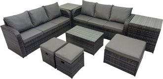 Fimous Outdoor 3 Seater Sofa Coffee Table Set Garden Rattan Furniture Set 9 Seater with 3 Stool 2 Side Tables Dark Grey - Fimous
