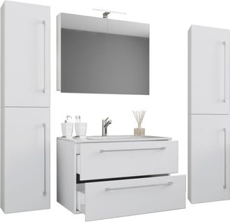 ebuy24 Ebuy24 - Vcm 5pcs Lavabo Lavabo Gabinete Inferior Ancho 60 Cm Muebles De Ba&ntilde;o Con Cajones Puertas Giratorias Armario De Espejo Badinos (sonoma Oak)