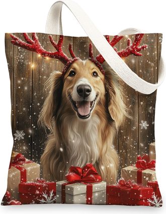 Generic Christmas Afghan Hound Dog Canvas Tote Bag for Shopping 13x15, Farmhouse Rustic Xmas Puppy Reusable Grocery Print Pattern Bag for Women Men, Happy New