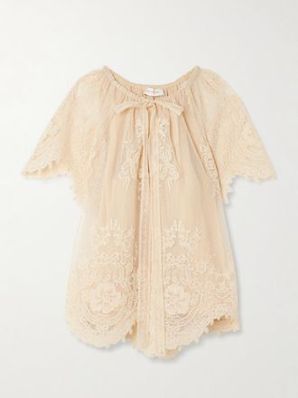 Zimmermann Blusa In Pizzo E Point Desprit Smerlato Con Arricciature Luna - Crema