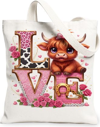 Generic Cute Cow Love Canvas Tote Bags, Floral Heart Reusable Grocery Bags, Spring Vintage Chic Lightweight Washable Shoulder Strap, White, 13x15 Inch