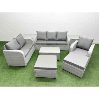 Fimous Patio pe Wicker 8 Seater Outdoor Rattan Furniture Sofa Sets with Rectangular Coffee Table Reclining Chair Loveseat Sofa 3 Seater Sofa Stool Light