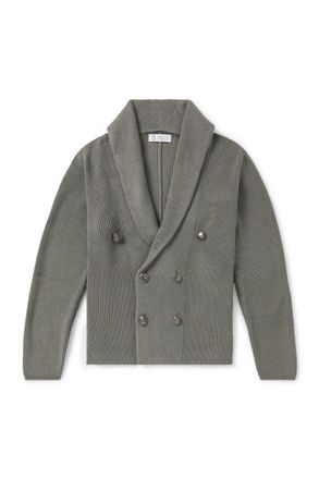 Brunello Cucinelli Shawl-Collar Double-Breasted Ribbed Cotton Cardigan