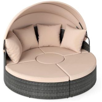 Costway Poltrona Letto Rotondo per Esterno con Tettuccio Retrattile, Set di Mobili da Giardino in Vimini di Rattan PE con Cuscini, Lettino da Esterno