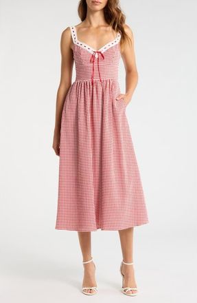 Wayf Lilibet Gingham Lace Trim Midi Dress in Red at Nordstrom, Size X-Small