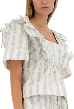 Ganni Ruffle Cotton Blend Blouse - Multicolor