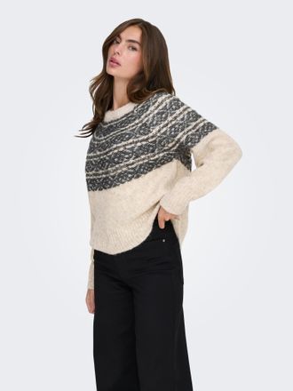 Only Strickpullover ONLY ONLSIDONA LIFE LS JQ O-NECK KNT, Damen, Gr. XL, schwarz (birch pattern:schwarz, mel), Strick, Obermaterial: 82% Polyester, 14% Pol