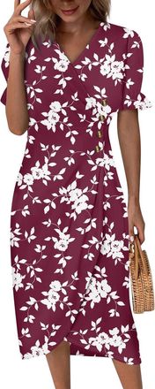 Generic Summer Dresses for Women Knee-Length Elegant with Puff Sleeves V-Neck Floral Print Beach Dress Asymmetric Wrap Midi Dress (Purple, M)