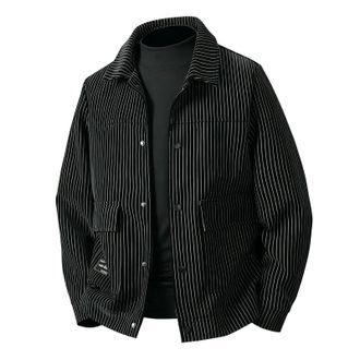 Generic Mens Autumn Winter Striped Lapel Pocket Workwear Jacket Outerwear Coat for Daily Casual Wear (Black, XL)