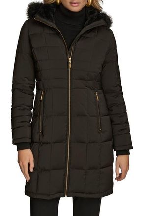 DKNY Water Resistant Puffer Coat with Faux Fur Trim in Black at Nordstrom, Size X-Small