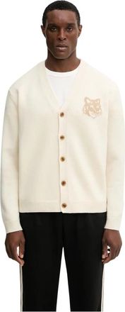 Maison Kitsun&eacute; Fox Head Intarsia Merino Cardigan - Heren - Vesten - Beige - XL - Wol - Truien & Vesten