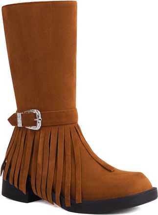 Generic Womens Faux Suede Mid-Calf Boots with Side Zipper Round Toe Western Cowboy Boots Chunky Heel Tassel Boot with Buckle,Brown,4.5 UK