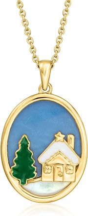 Ross-Simons Mother-Of-Pearl and Blue Opal Winter Scene Pendant Necklace With Enamel in 18kt Gold Over Sterling