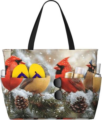 Generic Winter Birds Print Large Beach Bag Foldable Travel Shoulder Tote Bag With Pocket For Weekender Pool Vacation