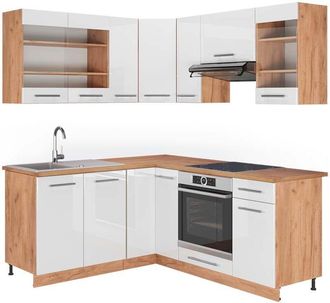 Vicco Cucina angolare completa Fame-Line, Bianco lucido/oro power oak, 160 x 190 cm, PL Rovere, Vicco