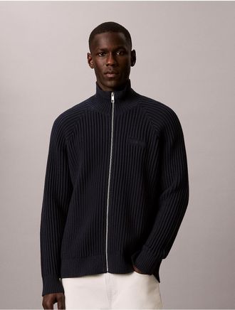 Calvin Klein Mens Smooth Cotton Stitch Full Zip Sweater - Blue - 2XL