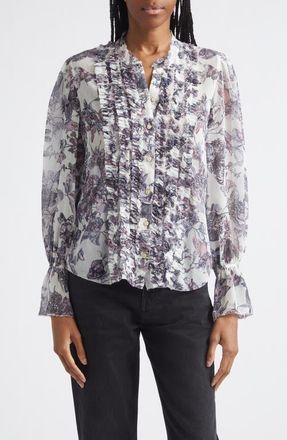 L'agence Eunice Butterfly Print Ruffle Trim Button-Up Top in Vintage White Watercolor Bufly at Nordstrom, Size X-Small