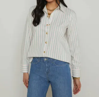 L'agence Ellery Poplin Button-Down Shirt In Baby Pink/sage Stripe