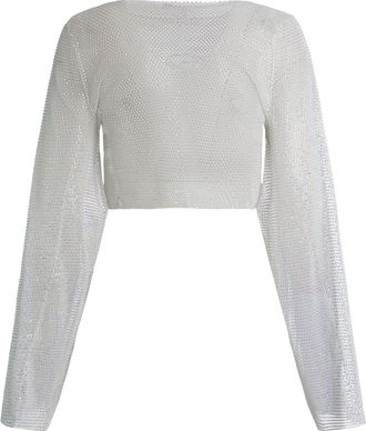 Santa Brands Womens Open-Knit Top With Rhinestones White Polyester Tops