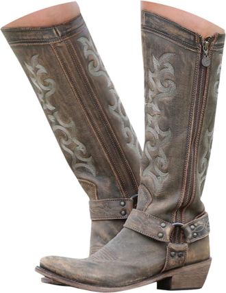 Generic Cowboy Boots for Women Extra Wide Embroidered Mid Calf Cowgirl Boot Wide Calf Low Heel Western Booties Leather Knee High Booties Comfortable Chunky Bl