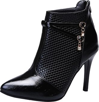 Generic Winter Elegant Women Ankle Boots Stylish Solid Color Leather Back Zipper Pointed Toe Thin High Heel Booties For Ladies Fashion Footwear (Black, 6. 5)