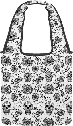 Generic Black Sugar Skull Flower Reversible Canvas Shoulder Tote - Double-Sided Print, 12oz Cotton, 27cm Drop, Fold-Flat Bag for Travel, Shopping, Street Outi