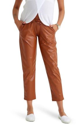Accouch&eacute;e Comfy Cool Foldover Waistband Faux Leather Jogger Pants in Toffee at Nordstrom, Size X-Large