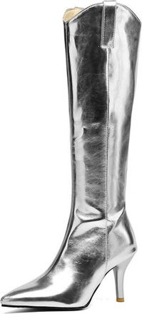 Generic Womens Sexy High Heel Knee High Boots Pointed Toe Long Boots PU Leather Party Prom Shoes with Side Zipper,Silver,6.5 UK