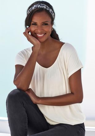 Lascana Kurzarmshirt LASCANA, Damen, Gr. 36/38, beige (creme), Single Jersey, Obermaterial: 95% Viskose (LENZING ECOVERO), 5% Elasthan, unifarben, Basic, figu