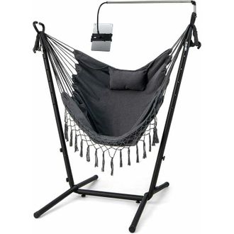 Costway Sedia Amaca Sospesa con Supporto, Sedia Appesa Regolabile in Altezza con Supporto Porta Cellulare Cuscino e Tasca Laterale, Carico Massimo 250 kg