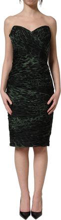 Dolce & Gabbana Womens Green Leopard Print Bustier Draped Midi Dress Silk