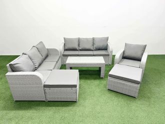Fimous 9 Seater Poly Rattan Outdoor Garden Furniture Oblong Coffee Table Sofa Set Patio 3 Seater Sofa Reclining Chair 3 Seater Sofa 2 Big Footstools