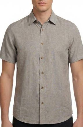 Report Collection Short Sleeve Linen & Cotton Blend Button-Up Shirt in Khaki at Nordstrom Rack, Size Xx-Large