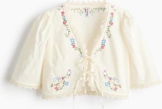 H&M Bestickte Kurzbluse - Cremefarben/Gebl&uuml;mt
