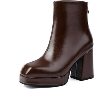 Generic Womens Square Toe Platform Block Heel Ankle Boots with Side Zipper, Minimalist Versatile Style,Brown,7.5 UK