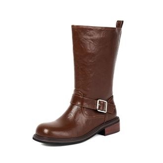 Generic Womens Low Block Heel Western Cowboy Boots Pull on Mid-Calf Boots with Pull-Tab Round Toe PU Leather Casual Boot,Brown,2.5 UK