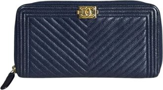 Chanel Boy Chanel Navy Leather Long Bill Wallet (Bi-Fold) (Pre-Owned)