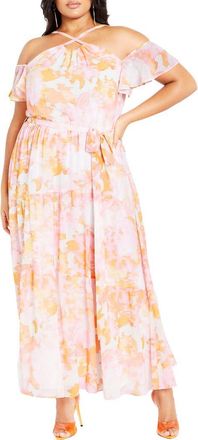 City Chic Vera Cold Shoulder Maxi Dress in Yellow/Pink Print at Nordstrom, Size Xl