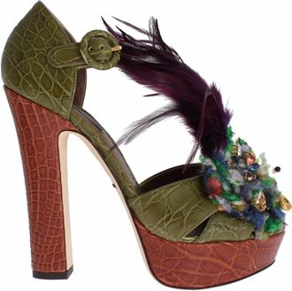 Dolce & Gabbana Green Leather Crystal Platform Sandal Womens Shoes