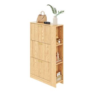 STILVORA Mueble Zapatero Con 3 Puertas Y Estantes, Compartimentos Abiertos, Estilo Minimalista, En Mdf, 70&times;23,5&times;115 Cm, Natural