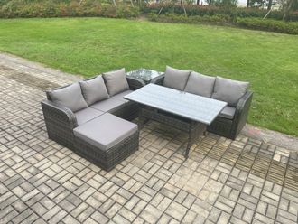 Fimous Rattan Garden Furniture Set with Oblong Rectangular Dining Table Big Footstool Side Table 5 Pieces Outdoor Lounge Sofa Set in Dark Grey