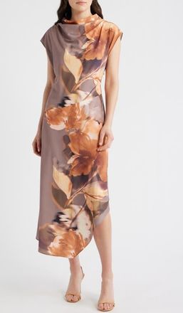 Maggy London Print Asymmetric Cap Sleeve Cowl Neck Dress in Taupe at Nordstrom, Size 12