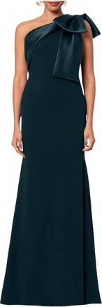 Betsy & Adam Bow One-Shoulder Crepe Mermaid Gown In Dark Green