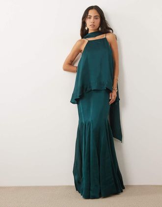 Asos Vestito lungo a strati con spalline sottili e sciarpa verde-azzurro-Multicolore