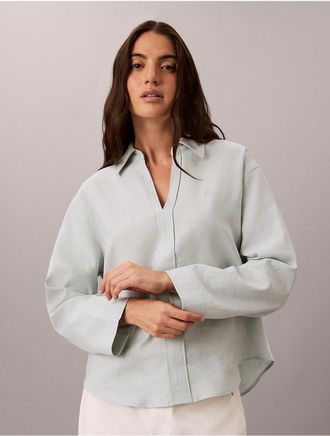 Calvin Klein Womens Linen Blend Classic Shirt - Light/Pastel Green - XL
