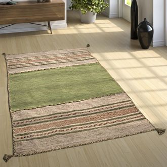 Paco Home Alfombra Dise&ntilde;o Kilim Tejida A Mano 100 % Algod&oacute;n Moderna Estampada Verde 120x170 Cm - Paco Home