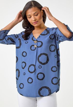 Roman Circle Print V-Neck Button Tunic Top