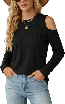 Generic Womens Long Sleeve Shirt Casual Round Neck Cold Shoulder Ribbed Tops Comfy Chic Elegant Tunic Blouse Black