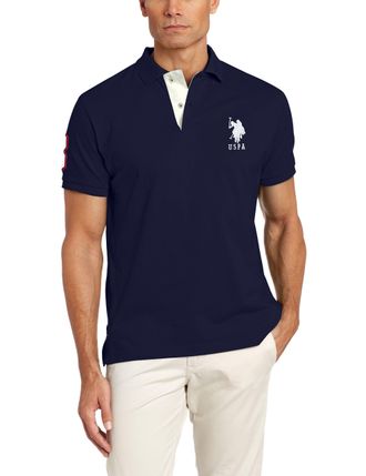 U.S.Polo Association Mens Short-Sleeve Polo Shirt with Applique, Classic Navy/White, Large